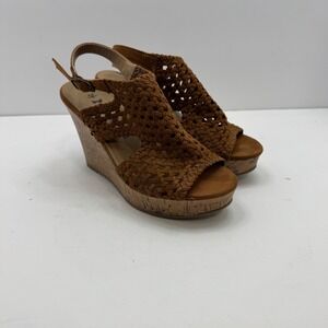 Y2K Mudd Festival Wedge Sandals Womens 6 Cognac Brown Woven Cork Platform Shoes